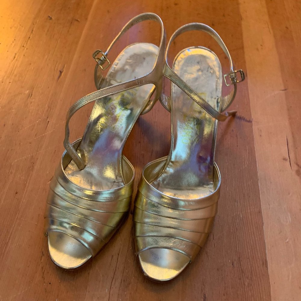 Salvatore Ferragamo gold peep-toe 3" heels